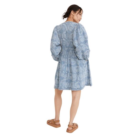 Madewell Blue Floral Bubble Sleeve Button-Front Summer Mini Dress Size Medium - Picture 6 of 8